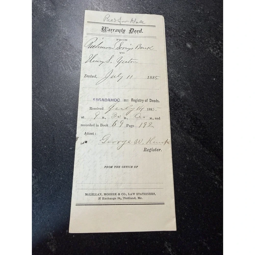 1885 Maine Warranty Deed Richmond Savings Bank Sagadahoc County Antique Document